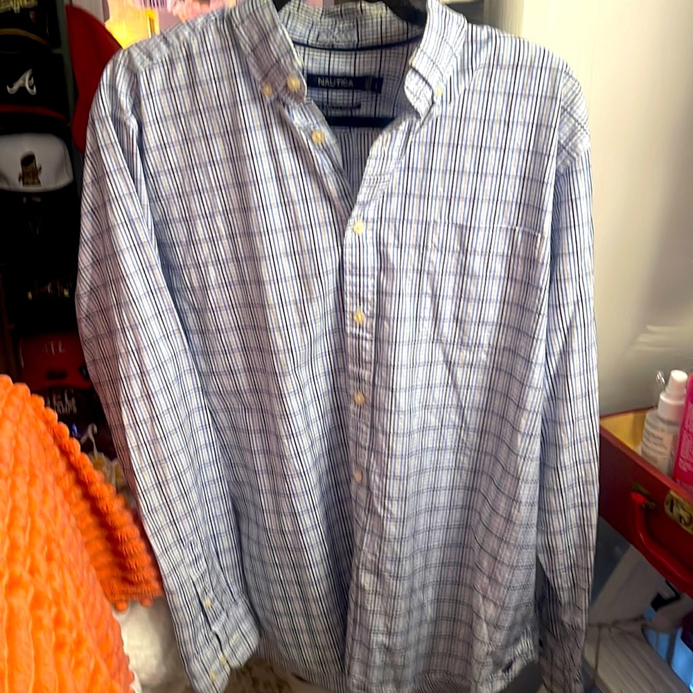 Men’s button down shirt white and blue striped . Nautica. Large. Like new.